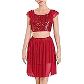 ODASDO Women Lyrical Dance Costumes Sequin Tank Crop Top + Mesh Tulle Leotard Skirt Two Piece Outfit XS-XL