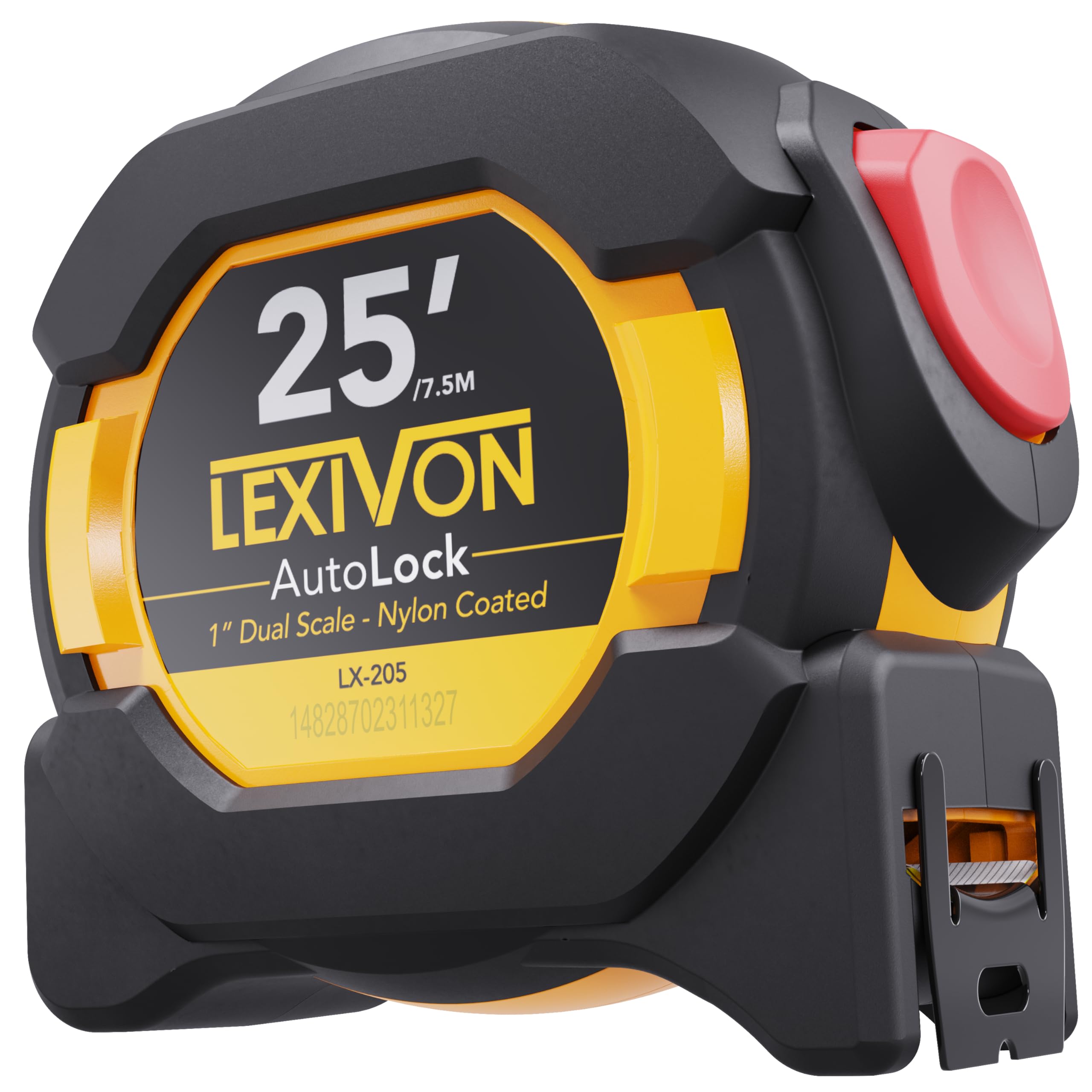 LEXIVON 25Ft/7.5m AutoLock Tape Measure | 1-Inch Wide Blade With Nylon Coating, Matte Finish White & Yellow Dual Sided Rule Print | Ft/Inch/Fractions/Metric (LX-205)