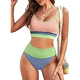Herseas Womem 2 Piece High Waisted Bikini Sets Color Block Popular Swimsuits 2026 Summer Beach Swim Best Bathing Suits