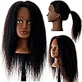 100% Real Hair Mannequin 22"-24" Afro Fluffy Light Yaki kinky Straight Textured Cosmetology Beauty School Head Included C-Clamp free of Purchase Black(22~24 Inch, #2)#2