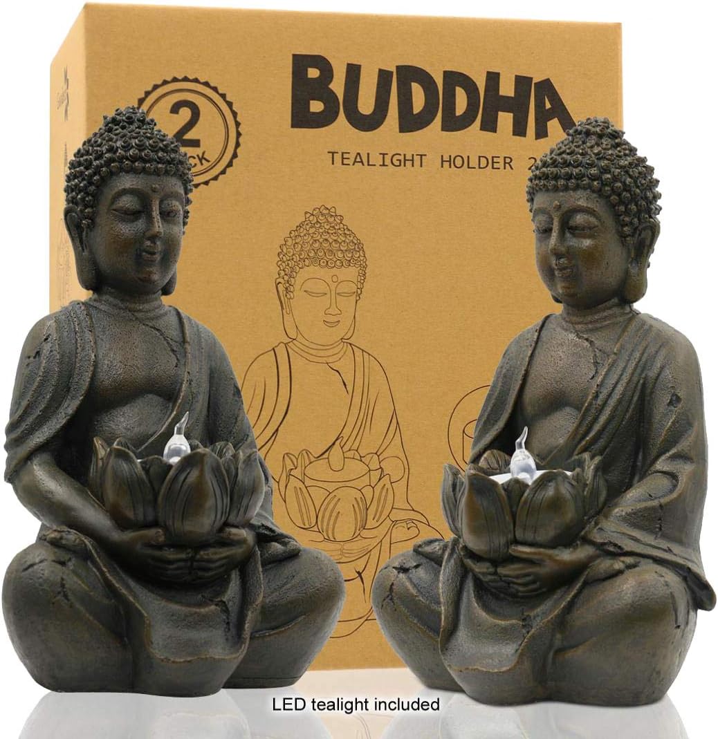 Meditating Buddha Statue Figurine Sitting Sculpture Decoration 8" Tealight Holder/Candle Holder for Home, Garden, Patio with a LED Tea Light, Polyresin, Antique Bronze Look(2 Pack)