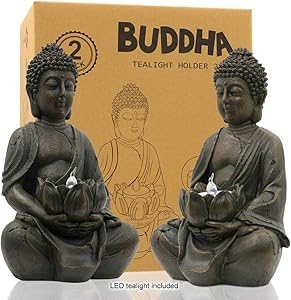 Meditating Buddha Statue Figurine Sitting Sculpture Decoration 8" Tealight Holder/Candle Holder for Home, Garden, Patio with a LED Tea Light, Polyresin, Antique Bronze Look(2 Pack)