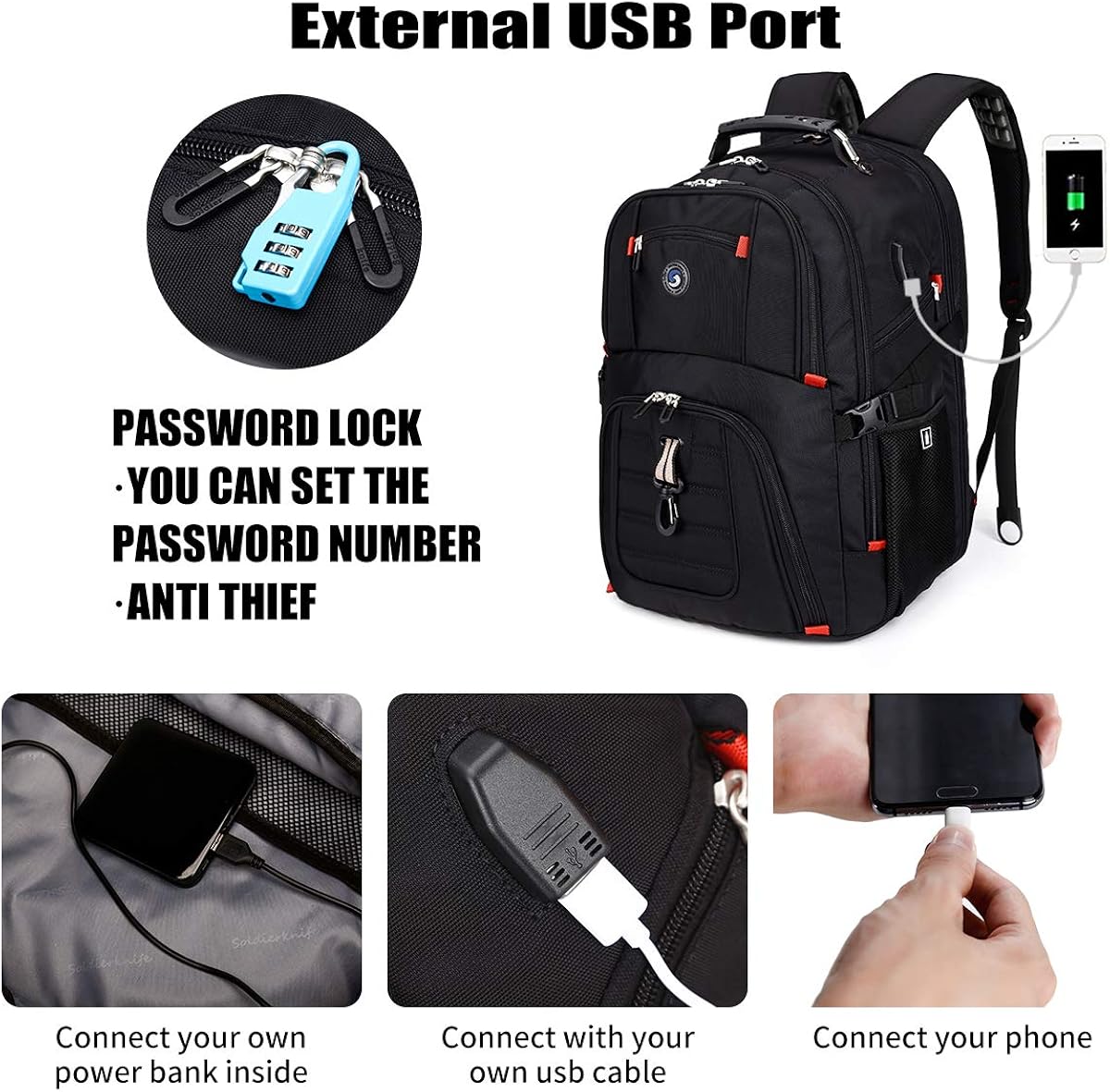 Durable 50L Travel Laptop Backpack with USB Charging Port fit 17 Inch Laptops: Computers & Accessories