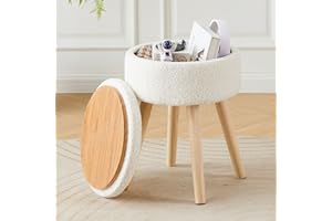 Mxfurhawa Storage Ottoman Foot Stool Teddy Velvet Round Vanity Stool Tray Top Footstool with Wood Legs Upholstered Foot Rest 