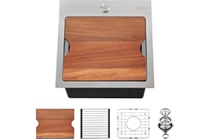 EcoChannels Kitchen Sink, 15 x 15 x 10 inch Small Bar Prep Sink 16 Gauge Stainless Steel Drop Single Bowl Workstation with Cutting Board