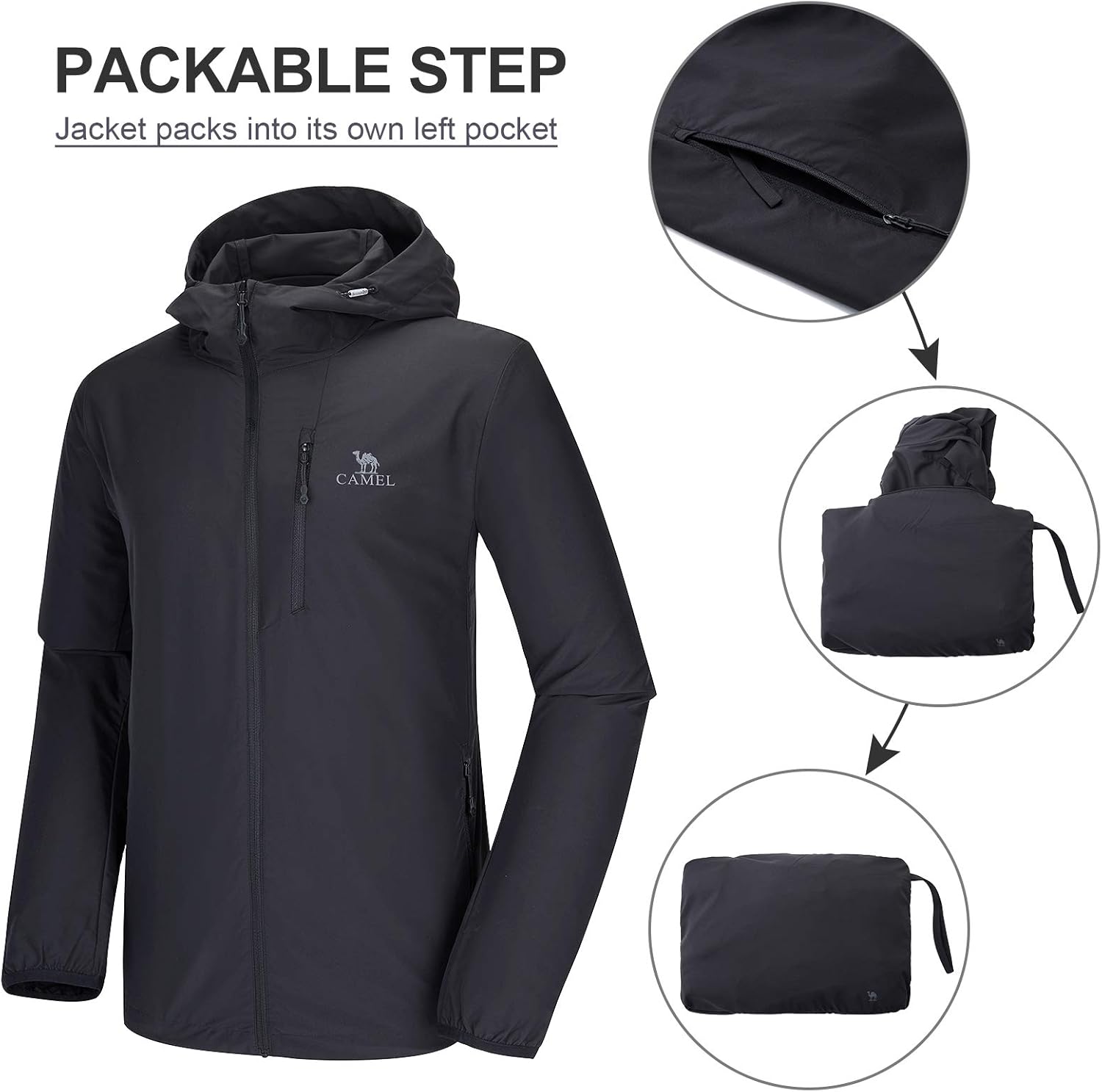 CAMEL Men's Jackets Running Lightweight Upf 50+ Sun Protective Hoodie Quick Dry Packable Sunblock Golf Jackets: Clothing
