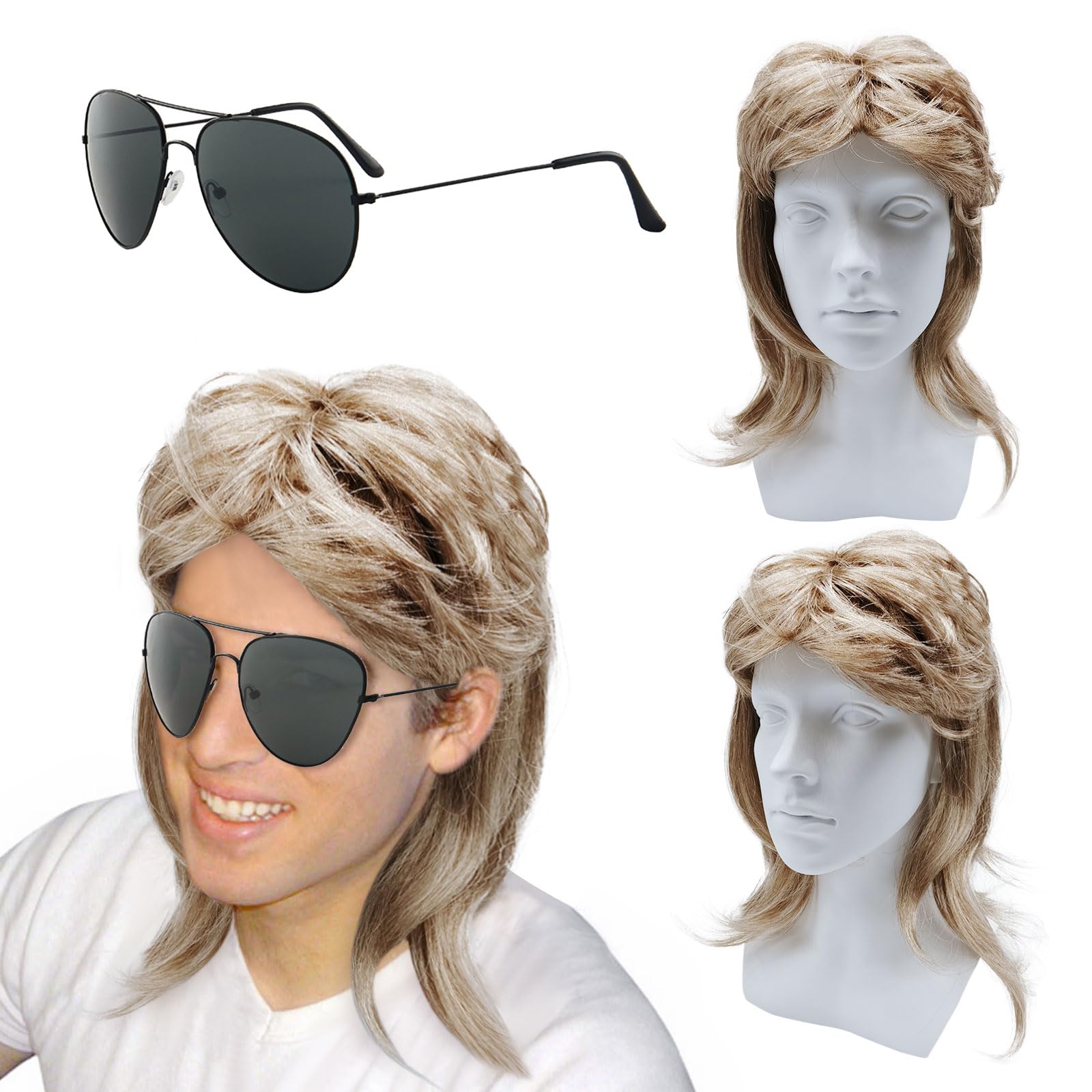 XNIVUIS Mullet Wig 70s Disco Party Mens Wig Long Curly Men Wigs, Mullet Fancy Dress wig, Mens wigs, for 70s 80s Disco Halloween Carnival Cosplay Party fancy dress up (2 Pcs)