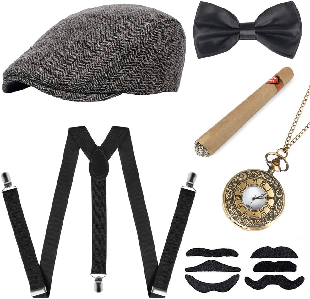 ELifeB1920s Mens Gatsby Gangster Costume Accessories Set Retro Panama Newsboy Costume