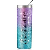 Onebttl Secretary Gifts for Woman, Funny Administrative Professional Day Gifts for Appreciation, Christmas, Birthday, 20oz Stainless Steel Insulated Skinny Tumbler - Queen of the Office Glitter Purple