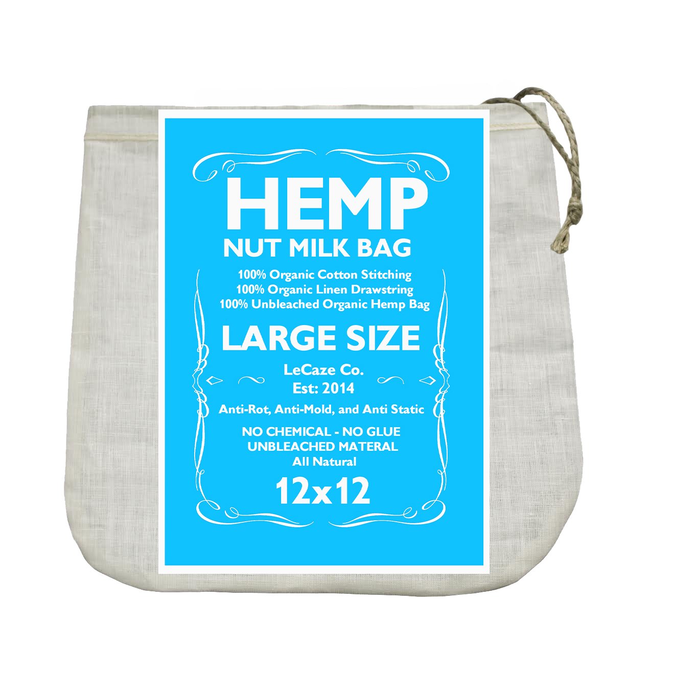 Organic Hemp Nut Milk Bag Extra Large 12"x12" Reusable All Purpose