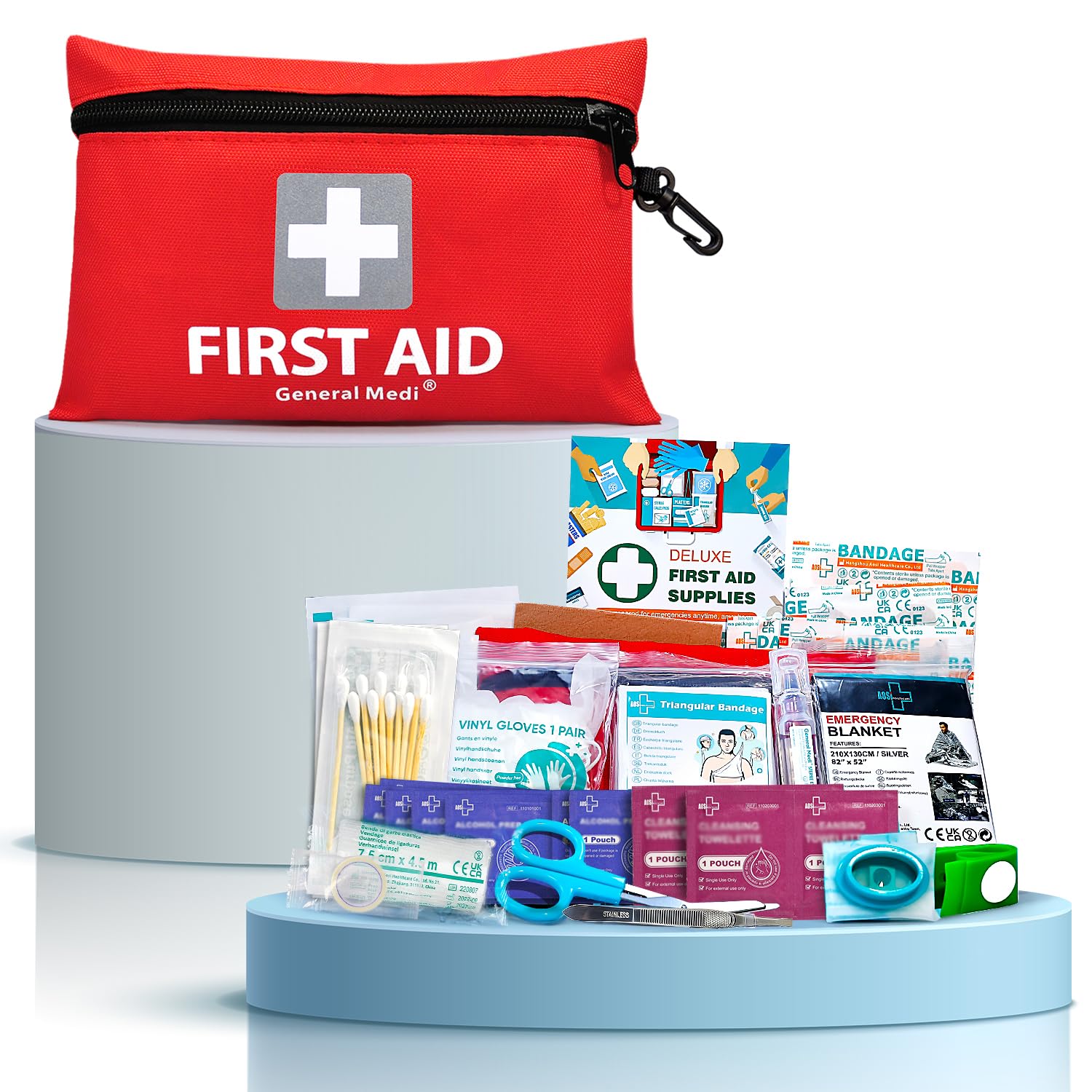 General Medi Mini First Aid Kit, 92 Pieces Small First Aid Kit - Includes Emergency Foil Blanket, Scissors for Travel, Home, Office, Vehicle, Camping, Workplace & Outdoor (Red)