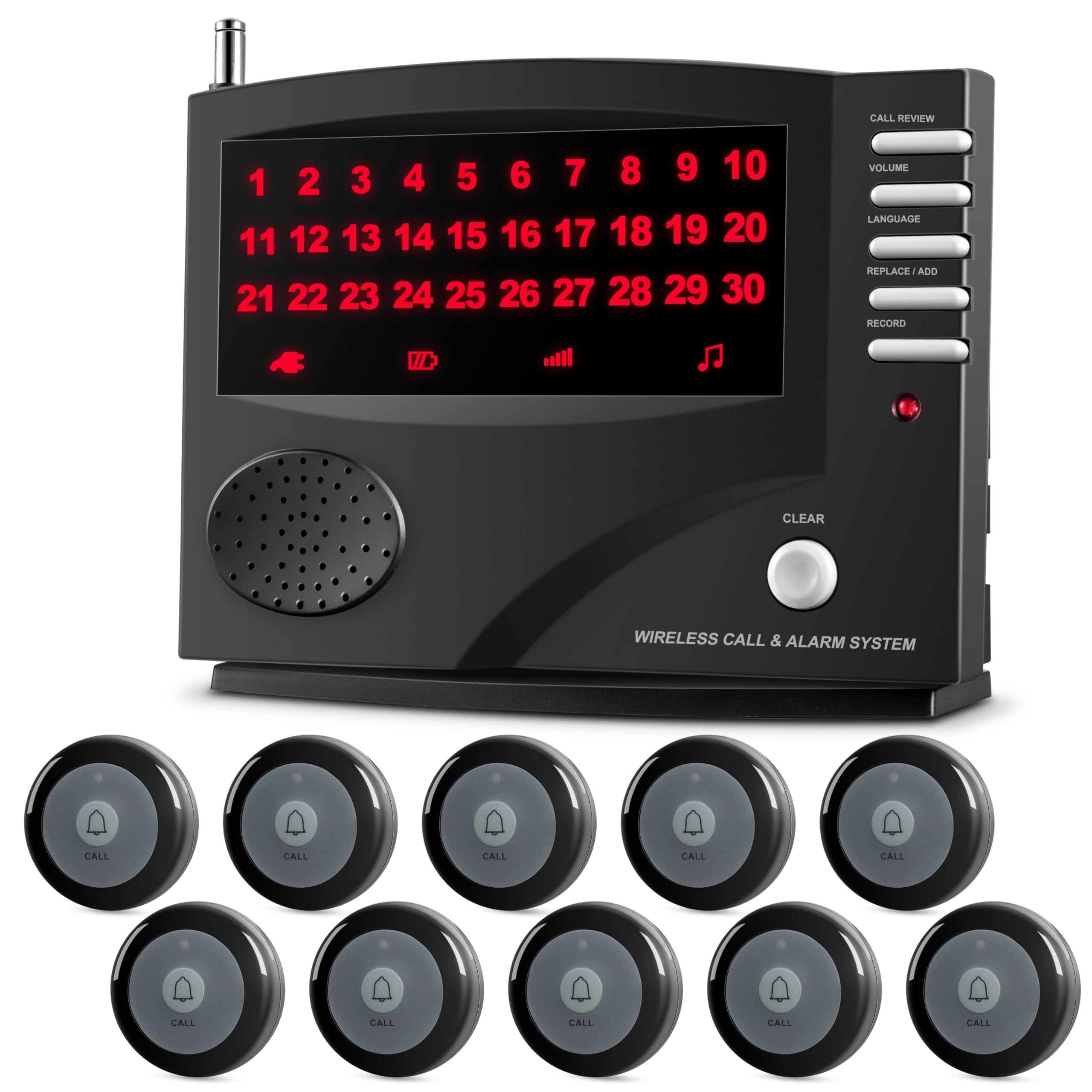 SYNLETT Wireless Calling System Nurse Call System, Caregiver Pager for Clinic, Nursing Home, 7 Languages 8 Alert Tones, 10 Call Buttons and 1 Monitoring Unit for Patients Seniors, Black