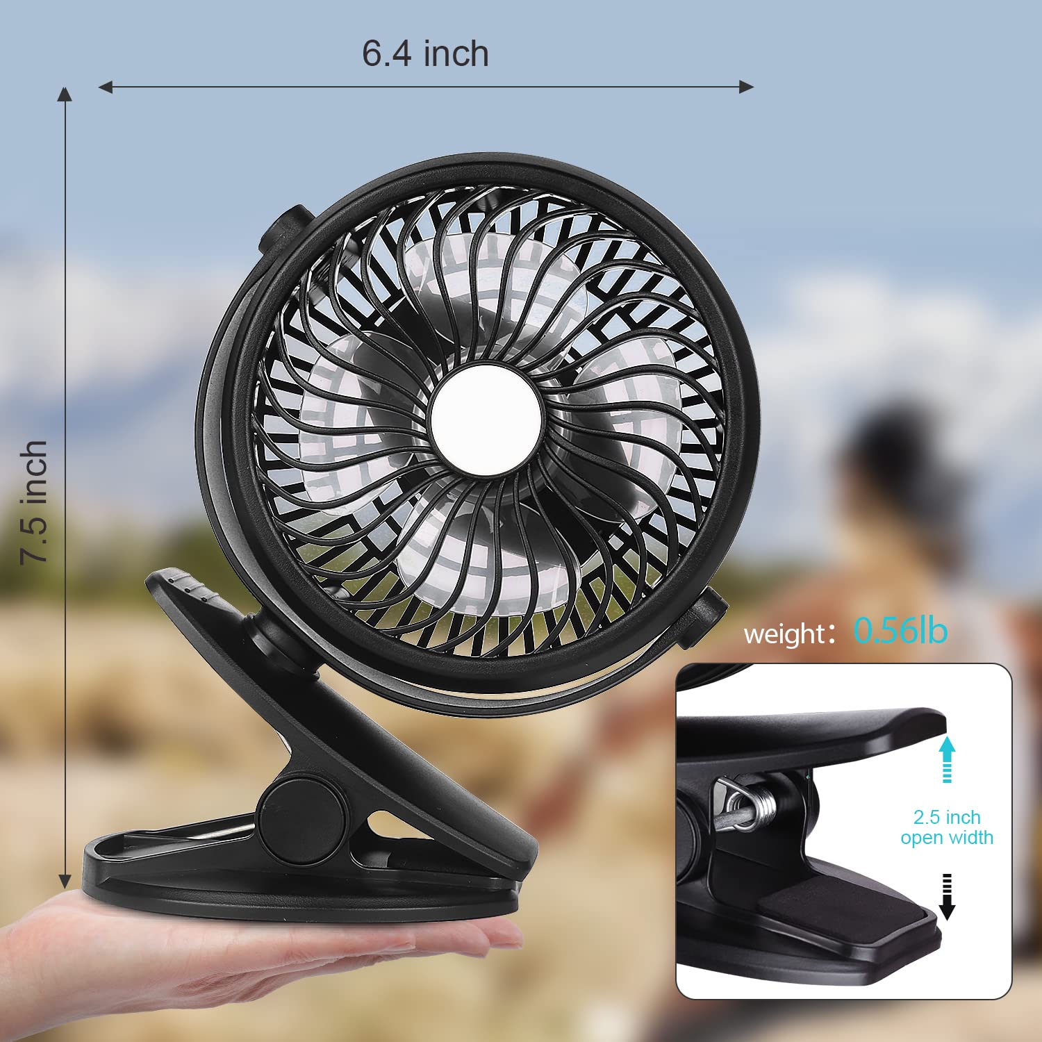 SkyGenius Clip On Camping Fan with LED Lights, 2600 mAh Rechargeable Battery/USB Operated Mini Fan with Hook Portable for Stroller Home Ofiice Outdoors Travel Camping Hiking