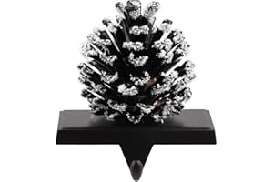 FOWECELT Pine Cones Christmas Stocking Holder with Snowflake, 3D Black Metal Mantel Stocking Hanger for Mantel Shelf Stand Table Christmas Fireplace Decor