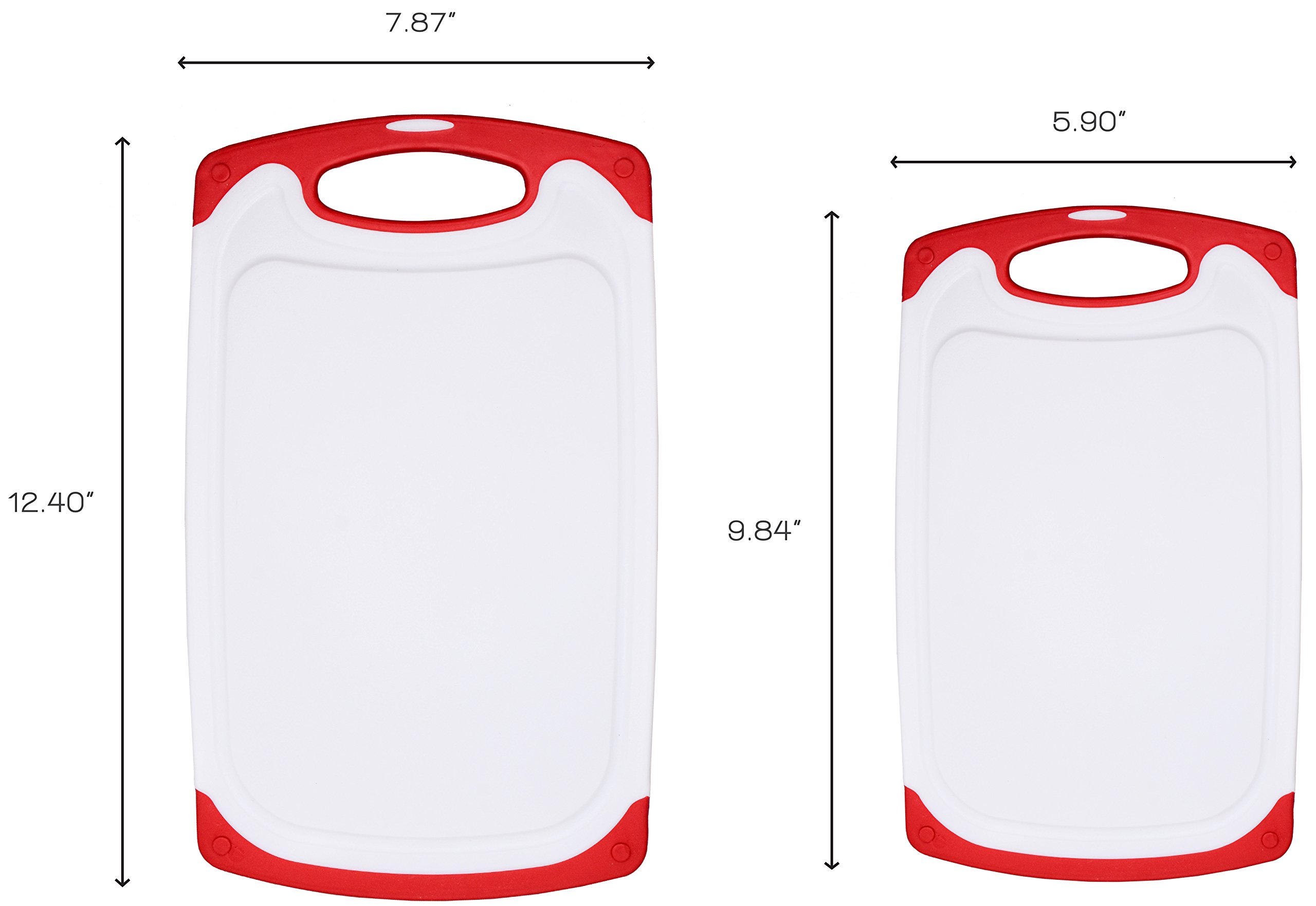 Raj Non-Slip Antibacterial Plastic Cutting Board, Deep Juice Groove, Dishwasher Safe, BPA Free, FDA Approved White and green (2 Pieces, White board with Red Ends)