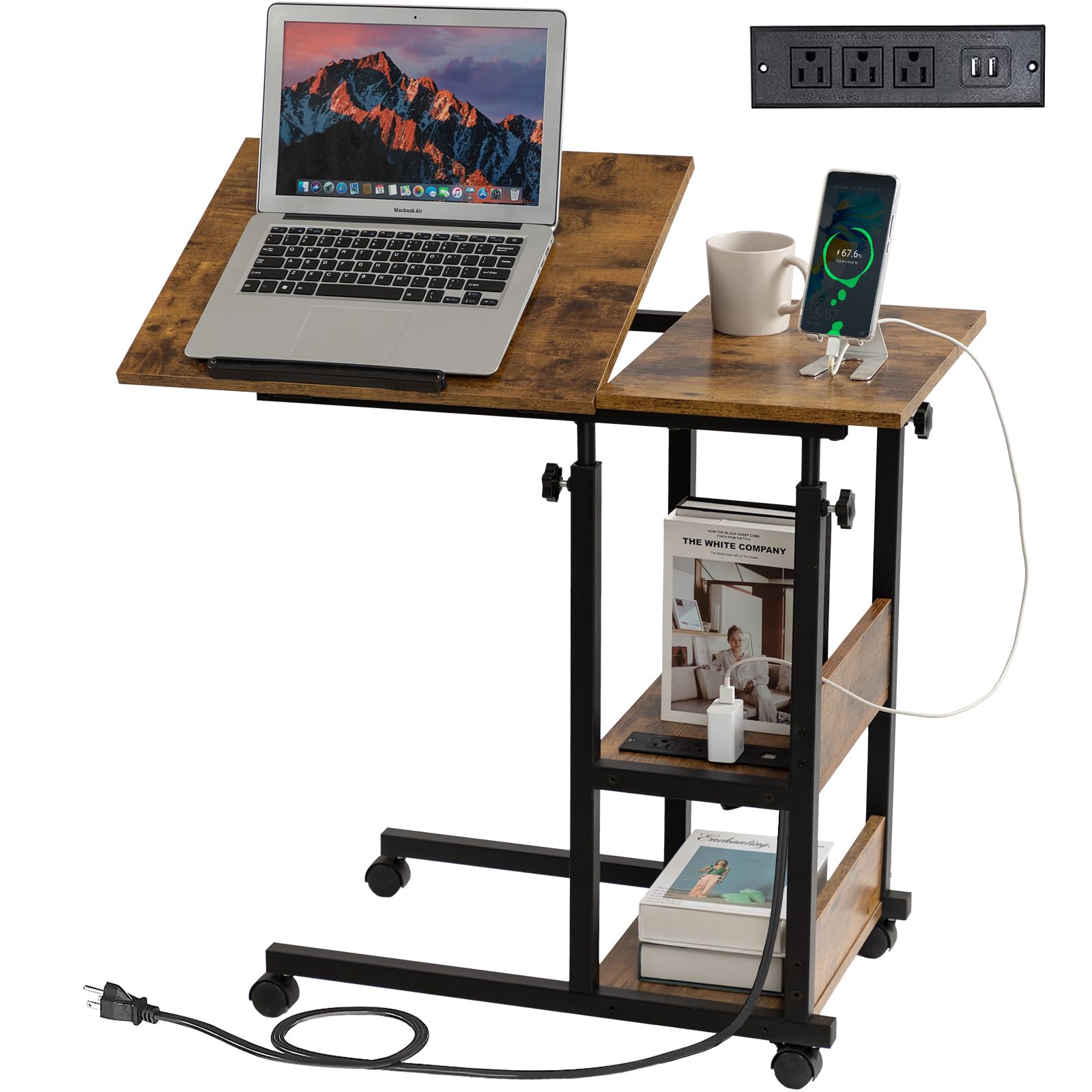 Photo 1 of ***DAMAGED -SELLING AS PARTS ONLY*** Hadulcet Adjustable C Table with Charging Station, Tiltable Desk C Shaped End Table for Couch, Over Bed Table with Wheels Adjustable Height, Hospital Table Laptop Stand Drawing Desk, Rustic Brown  ***BOX RIPPED/TORN***