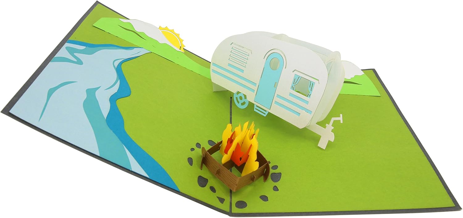 PopLife Camping Trip 3D Pop Up Card, RV Camper Trailer and Campfire Mountain Scene Greeting Card for Father’s Day, Birthday - Image 4