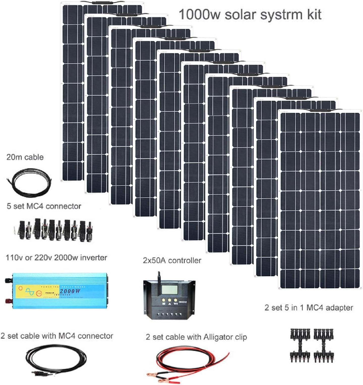 XINPUGUANG 100W 18V Monocrystalline Solar Panels Module Kit 200W 300W 400W 500W 600W 800W 1000W Kit, 1000w