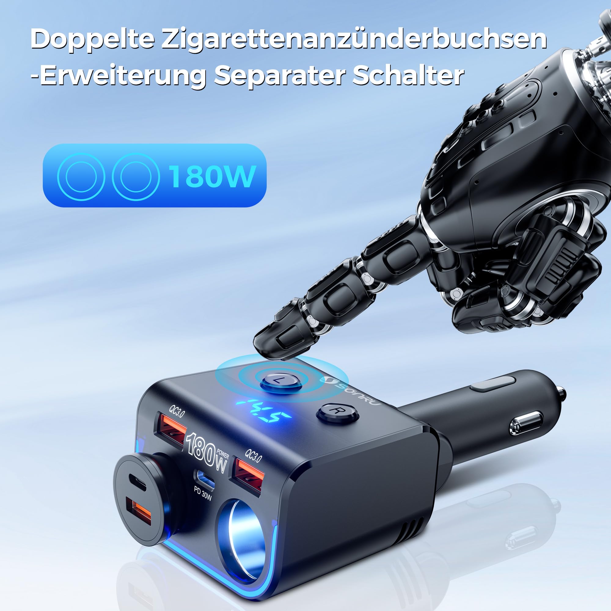 SONRU180W Zigarettenanzünder Verteiler 5 in 1, 24/12 Volt Steckdose Auto Ladegerät KFZ Doppelsteckdose Adapter mit Zwei USB Typ-C Schnellladeanschluss 5