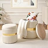 2BYF Round Ottoman with Storage Set of 2 Upholstered Velvet Vanity Stool for Living Room Storage Ottomans Multifunctional Foot Rest (White with Middle Gold)