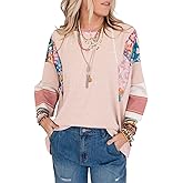 EVALESS Boho Tops for Women Dressy Casual Spring 3/4 Length Sleeve Crewneck Patchwork Striped Oversized Blouses Shirts