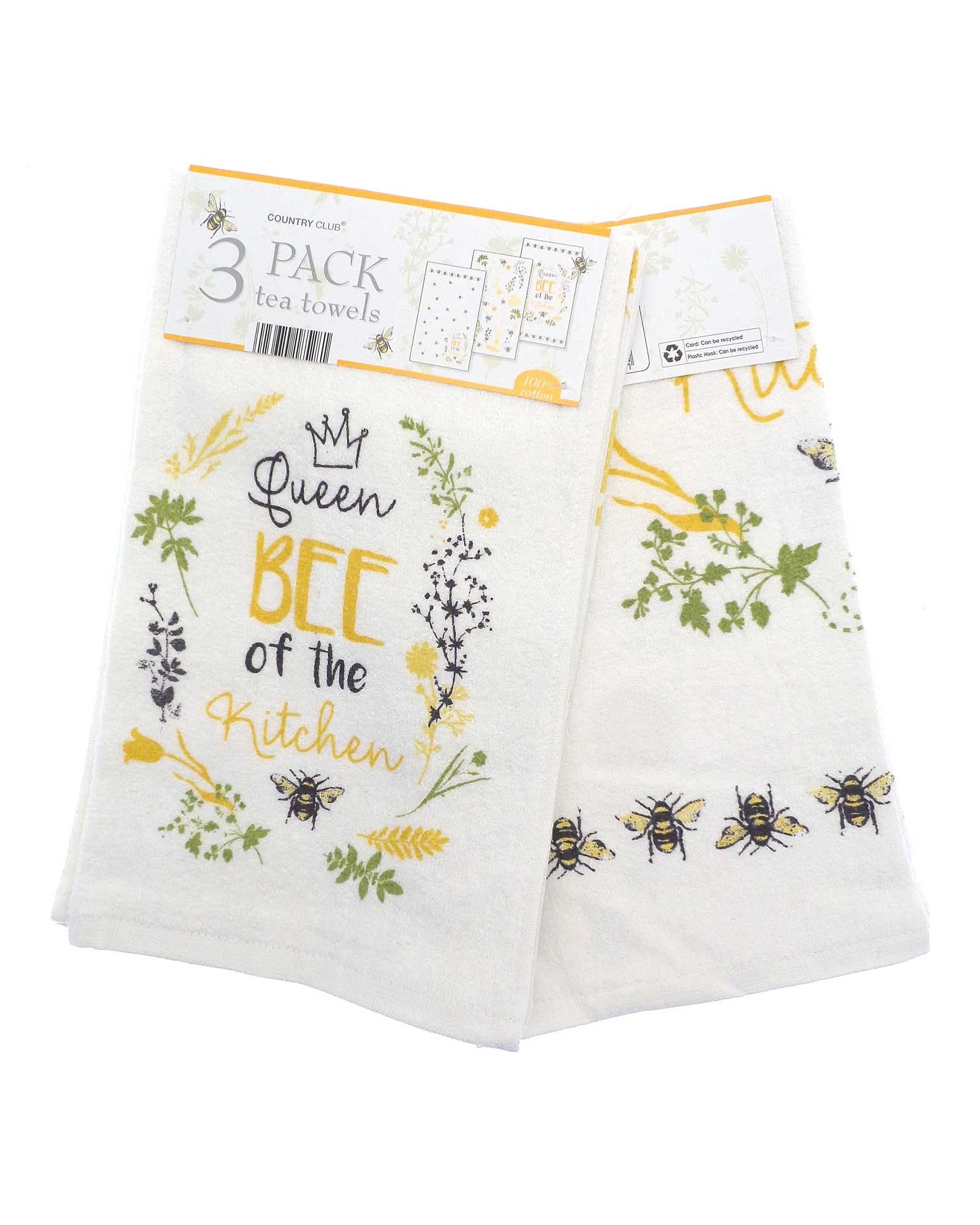 COUNTRY CLUB 100% Cotton Pack of 3 Queen Bee of the Kitchen Design Velour Kitchen Tea Towels - Pick your Favourite from our On Trend Designs