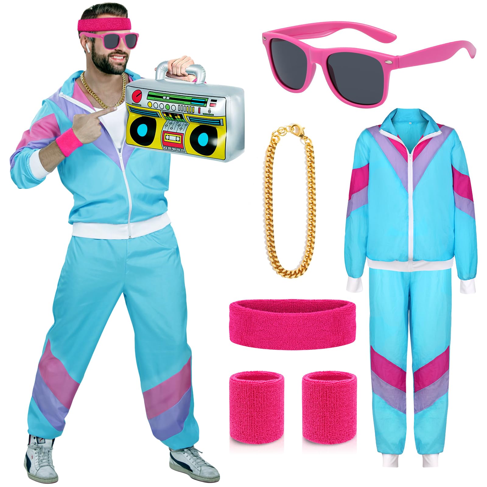 ATOWORLD 1980s Fancy Dress Men Women Shell Suit 80s 90s Fancy Dress Costumes for Men Adult Stag Do Outfit 80s Dress up Theme Clothes Men's 80s Costume Scouser Tracksuit Jacket Pant Accessories(S)