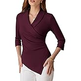 GRACE KARIN Women Dressy Wrap Work Tops,V Neck Business Casual Blouses, 3/4 Sleeve Ruched Elegant Shirts