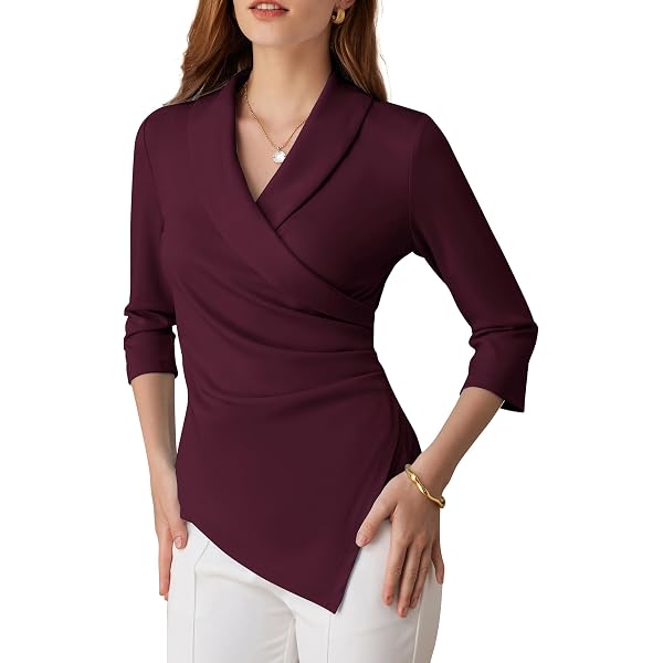 Jedyful Women's V-Neck Wrap Front Tunic Top - 3/4 Sleeve, Loose Fit, High-Low Hem - View #3