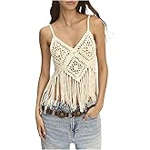 SweatyRocks Women's Fringe Crochet Tops Summer Boho Hollow Out Knitted Sleeveless V Neck Cami Top