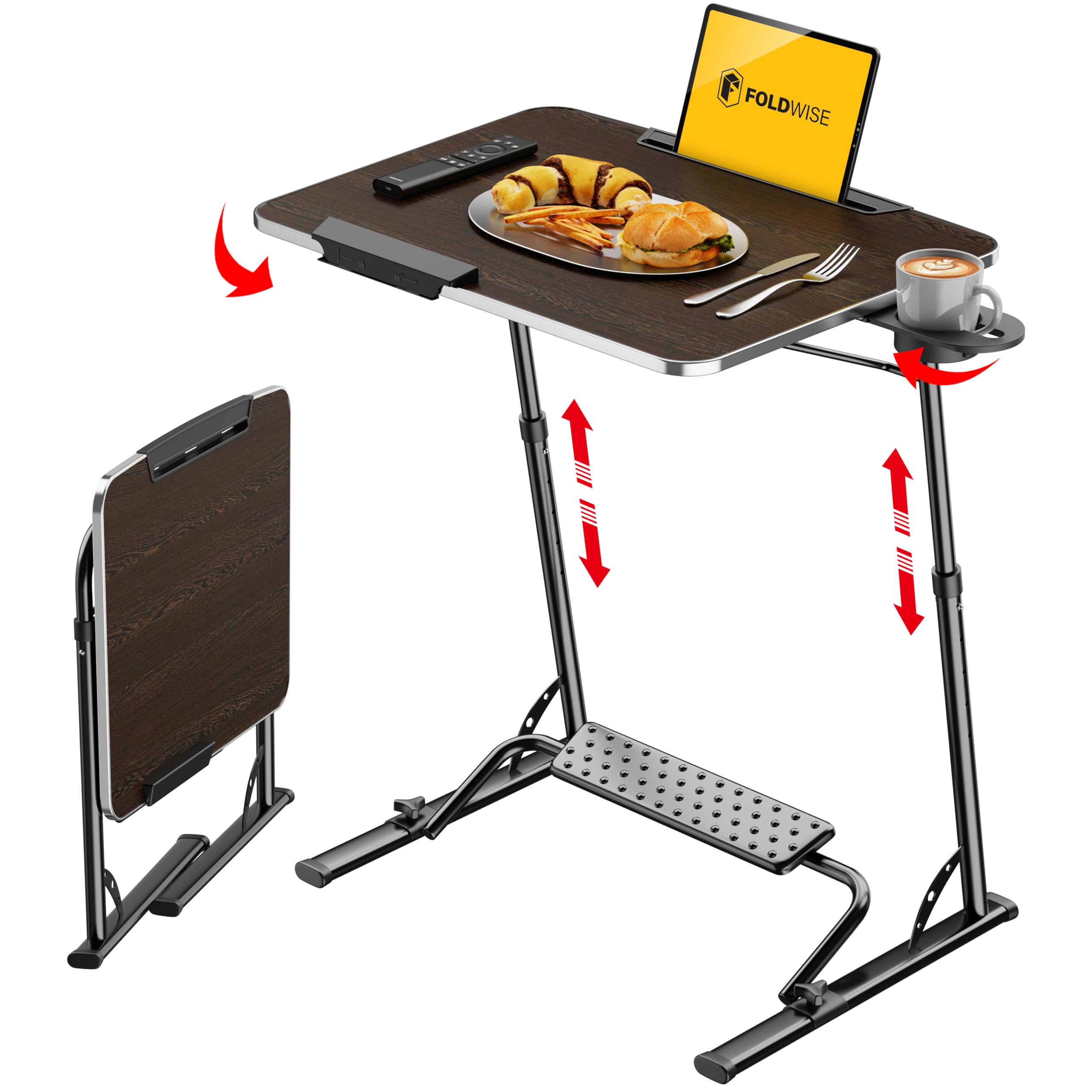 FoldWise Upgraded Folding TV Tray Table - Extra Large & Sturdy Laptop Table for Couch, Height & Angle Adjustable Desk for Dinner, Work & TV - Includes Footrest, Cup Holder, iPad Holder & Edge Stopper