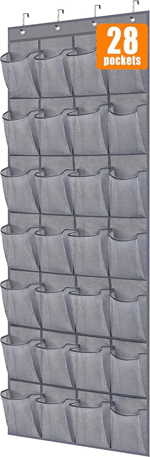 MISSLO Over Door Shoe Storage Organiser Wardrobe Hanging Shoe Rack Holder 28 Large Mesh Pockets Door Tidy with Shoe Hanger, Gray