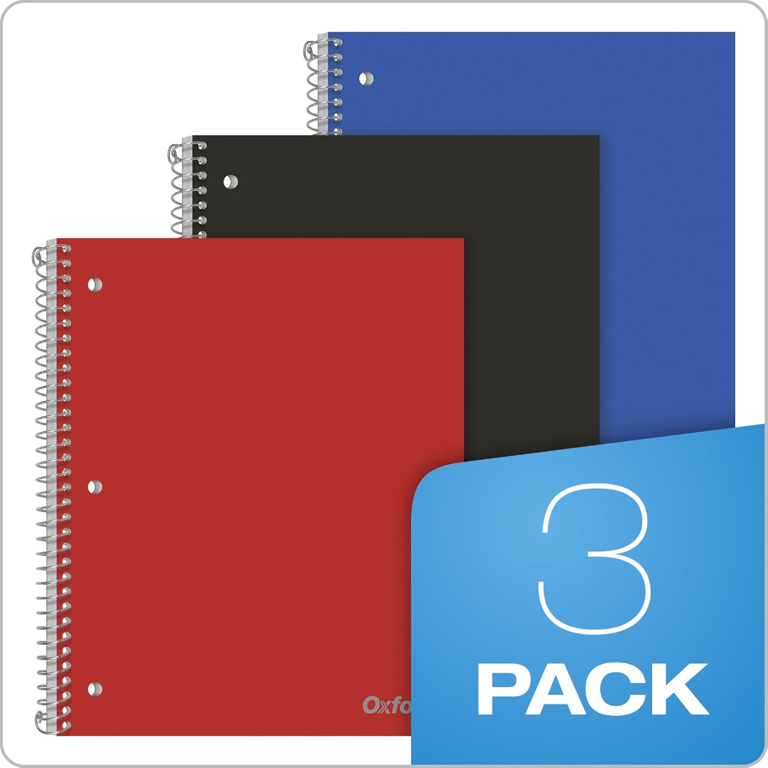 Oxford Spiral Notebooks, 1 Subject, College Ruled Paper, Durable Plastic Cover, 100 Sheets, Divider Pocket, 3 per Pack (10390) : Office Products