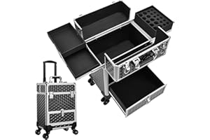 Costravio Rolling Makeup Train Case, Large Storage Professional Cosmetic Trolley Makeup Travel Case with Drawer Key Swivel Wheels Beauty Barber Tattoo Case Trunk for Makeup Nail Tech, Black