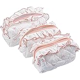 Framendino, 3 Pack Pink Bow Quilted Makeup Bag Coquette Aesthetic Ruffles Cosmetics Pouch Bowknot Cotton Travel Toiletry Bags for Women