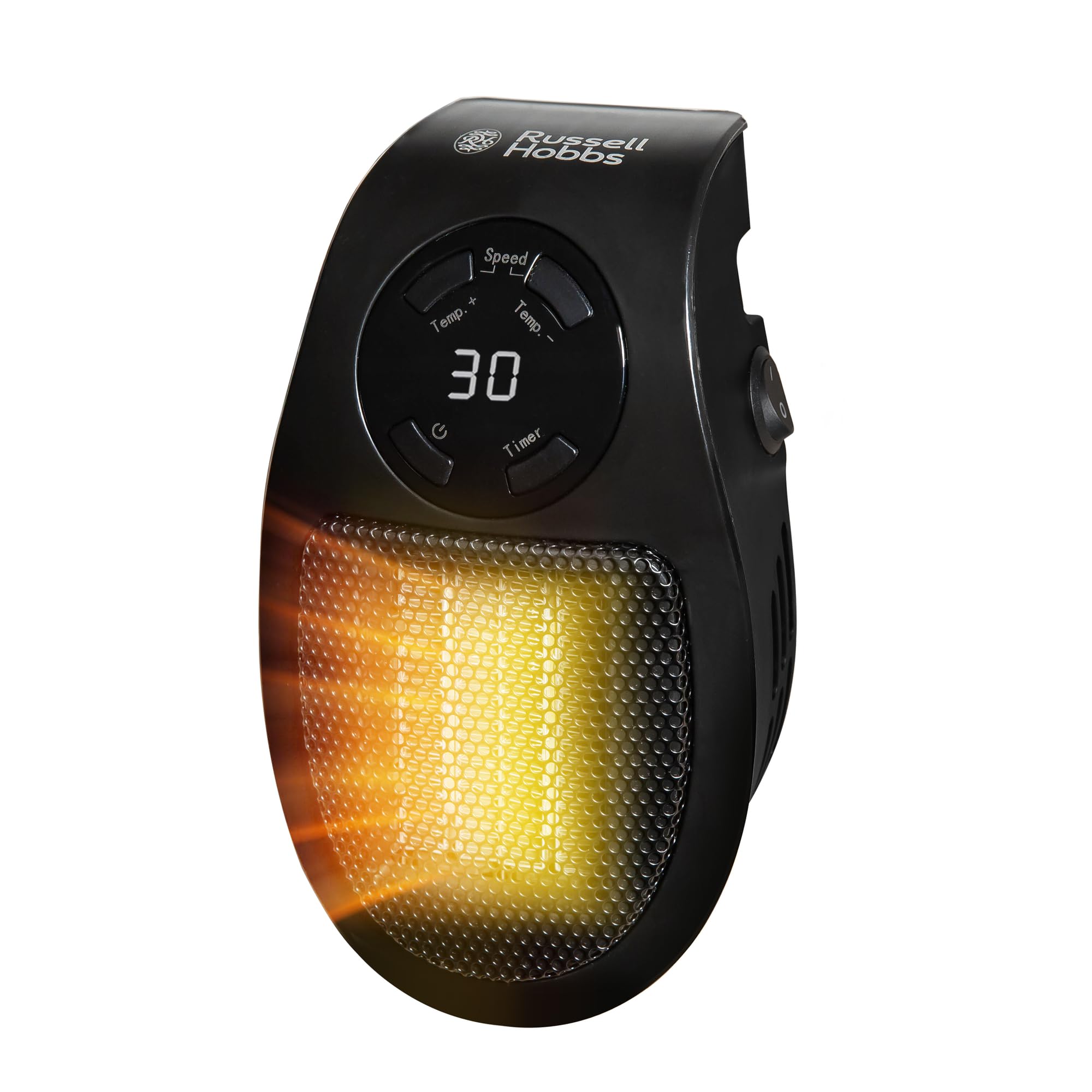 Russell Hobbs 500W Ceramic Plug Heater, Electric Heater Adjustable thermostat, 12 Hour Timer & LED Display, 2 Fan Speeds, 2 Year Guarantee, Black, RHPH2001B