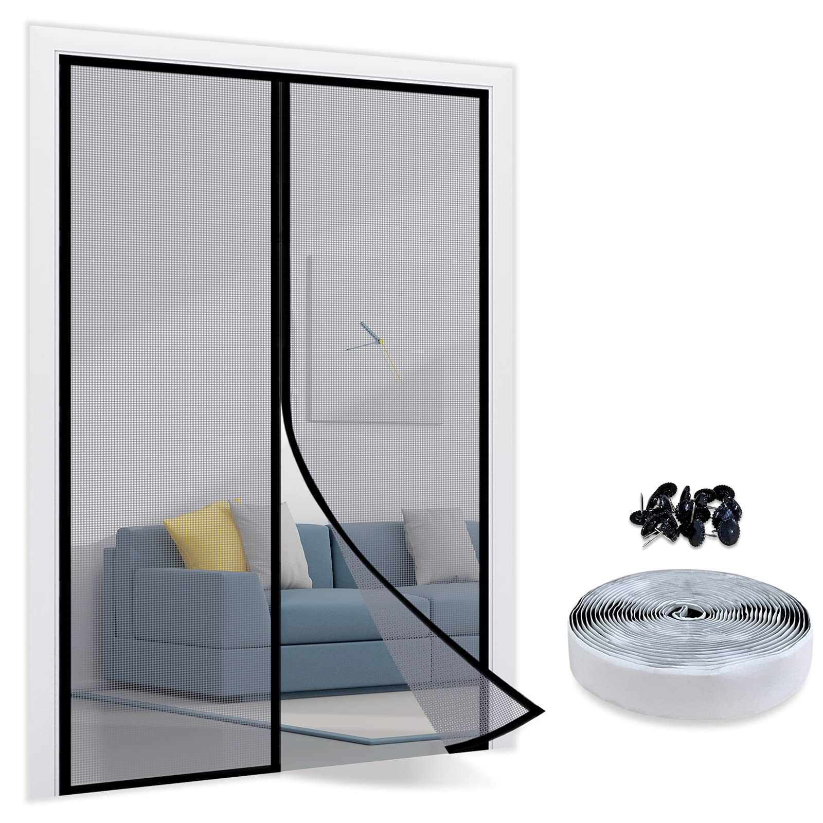 TheFitLife Magnetic Fly Screens for Doors - 100% Fibreglass Fly Mesh Net with Hook and Loop Powerful Magnets That Snap Shut Automatically (90x210cm - Fits Doors up to 86x208cm) Grey
