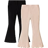 SOBOWO Girls Flare Leggings Pants Ribbed Kids Bell Bottoms 2 Pack Solid Color Ruffle Flared Casual Pants for Girls Size 3-11Y