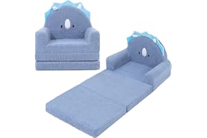 MOONBEEKI Cute Cartoon Animals Toddler Chair, 2-in-1 Flip Open Sherpa Foldable Kids Couch, Comfy Baby Chair for Girls and Boys (Blue Triceratops)