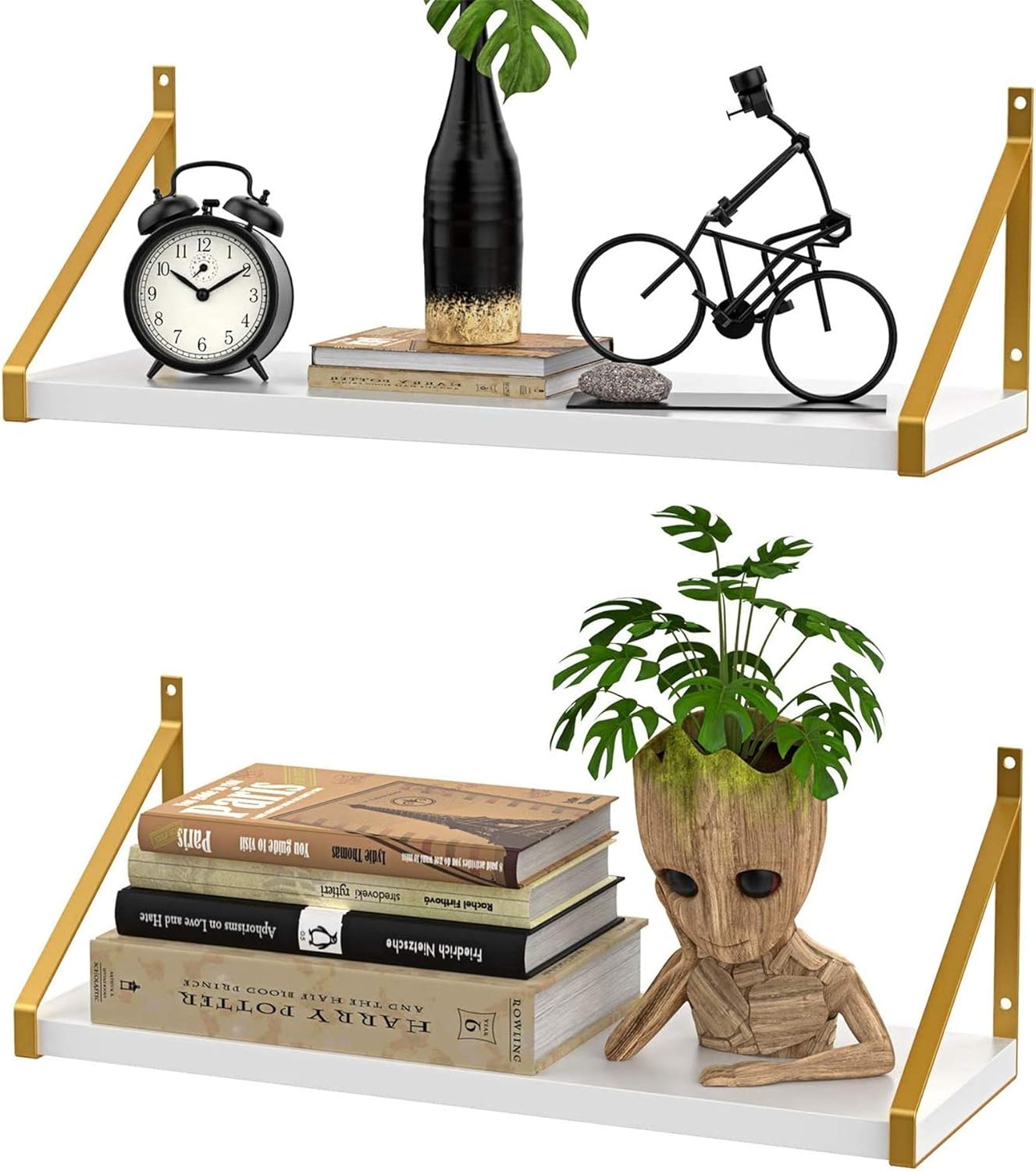 White Floating Shelves Wall Mounted Set of 2, Golden Metal Brackets