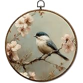 JUIOEIU Vintage Bird Round Wall Decor, Retro Cottagecore Sparrow Floral Framed Canvas Prints, Farmhouse Rustic Bird Wall Art 