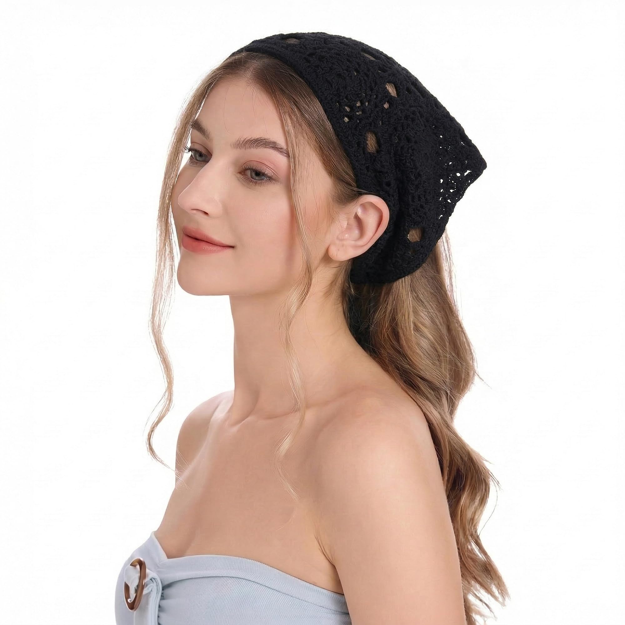 ZLYC Women Cotton Triangle Headband Crochet Hair Bandanas Handmade Kint Turban(Plain Black),One Size — image 1