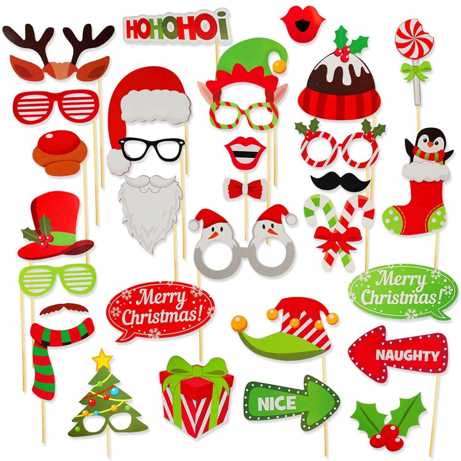 32 Pieces Photo Props Funny Photo Sticks for Christmas Celebration No Boring Christmas Photos with Sayings and Fun Designs on One Stick