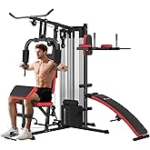 Soozier All-in-One Smith Machine, Multi Gym Workout Station with Weight Stack, Home Gym Equipment with Sit up Bench, Push up