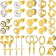 15 Pairs Earrings for Men, Stainless Steel Mens Stud Earrings Set Hypoallergenic Cross Dangle Hoop Earrings Fashion Piercing Jewelry Gift for Men Women