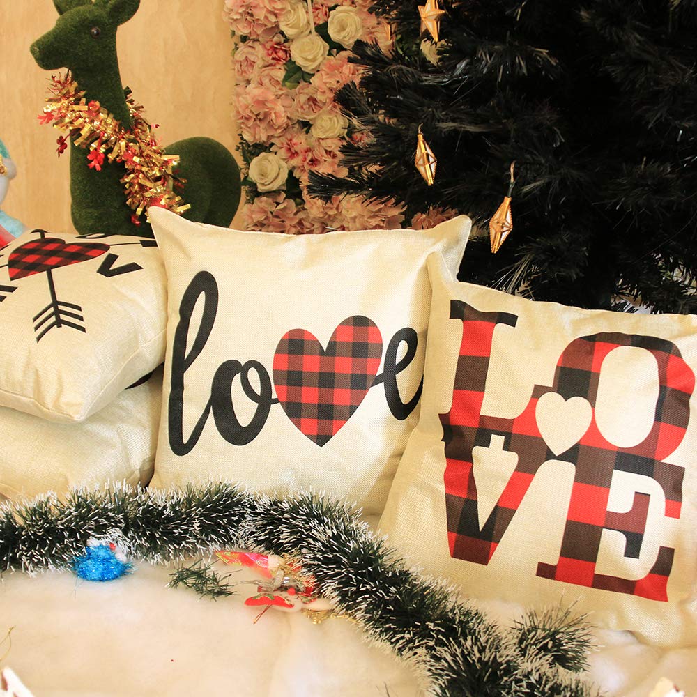 YEVIOR 4er Set Kissenbezug Weihnachten Valentinstag Liebhaberserie, Buffalo Plaid Dekorative 45 x 45 cm, Dekokissen Zierkissenbezüge für Wohnzimmer Schlafzimmer Dekor, Rot Schwarz Kariert,Leinen