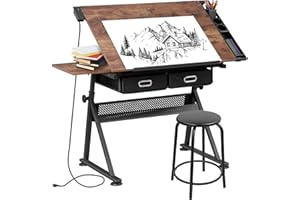 SUPER DEAL Drafting Table Set with Charging Station, Height Adjustable Tilting Drawing Desk Artist Desk with Stool Multifunctional Art Craft Workstation with 2 Storage Drawers for Home Office School