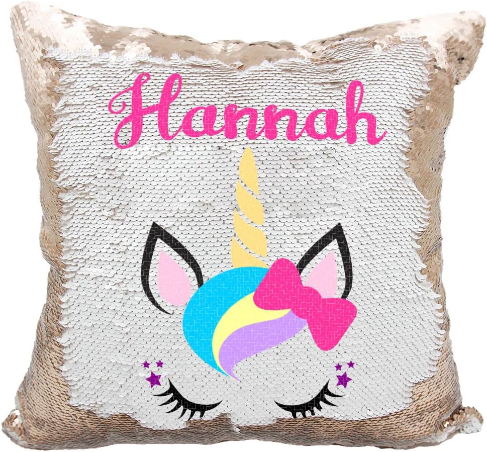 Personalized Mermaid Reversible Sequin Pillow, Custom Unicorn Bow Sequin Pillow (White/Rose-Gold)