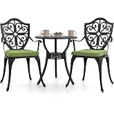 NUU GARDEN Outdoor 3-Piece Bistro Set with Cushions, Round 24 Inch Cast Aluminum Bistro Table with 2.17" Umbrella Hole, 2 Cast Aluminum Bistro Chairs, for Patio, Garden and Balcony, Black