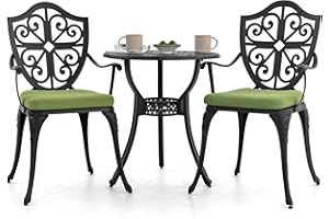 NUU GARDEN Outdoor 3-Piece Bistro Set with Cushions, Round 24 Inch Cast Aluminum Bistro Table with 2.17" Umbrella Hole, 2 Cast Aluminum Bistro Chairs, for Patio, Garden, Backyard and Balcony, Black